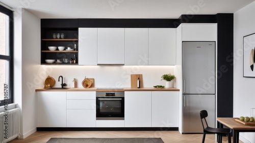 A modern kitchen with sleek white cabinets, open shelves, built-in appliances, wooden accents, and a minimalistic design, flooded with natural light. photo