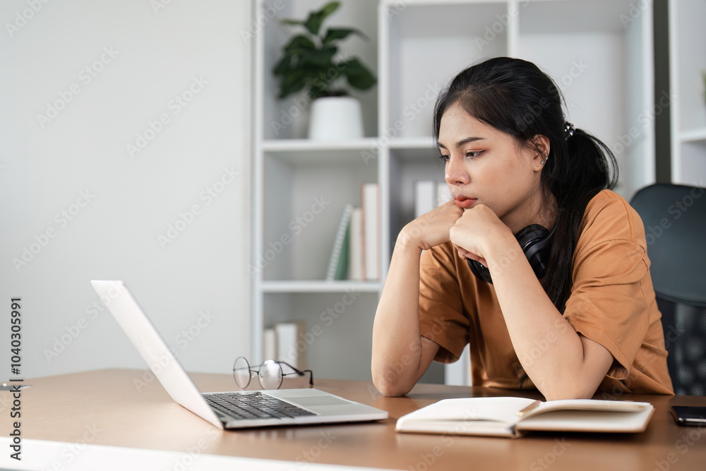 Young Woman Feeling Stressed While Studying Online at Home with Laptop and Books Young Woman Feeling Stressed While Studying Online at Home with Laptop and Books