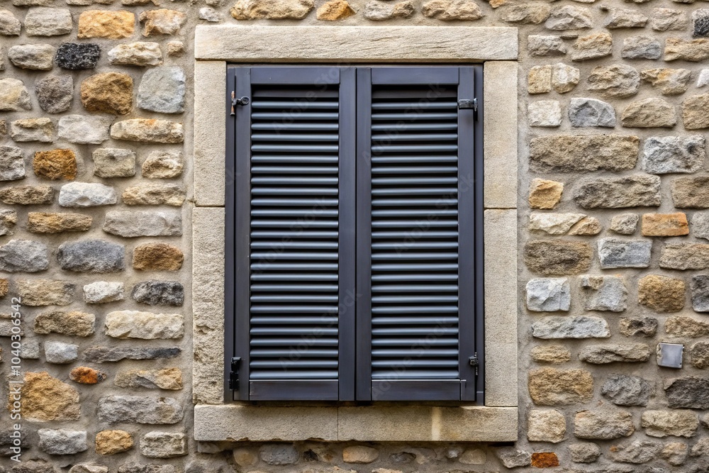 Aerial view of dark grey window shutters closed in a stone wall Aerial view of dark grey window shutters closed in a stone wall