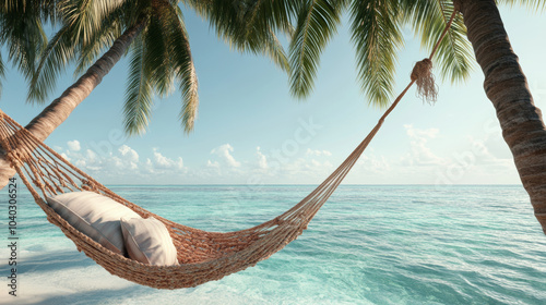 A serene hammock sways gently between palm trees, overlooking tranquil ocean. soft waves and clear sky create perfect tropical escape, inviting relaxation and peace