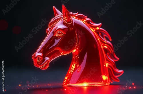 A glowing red horse head sculpture, styled with a futuristic and glossy finish. The image radiates energy and elegance, with intricate details and a neon-like glow emphasizing modern design and creati photo