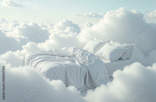 Bed with white bedding linens in white clouds as a concept for a serene and comfortable sleep photo