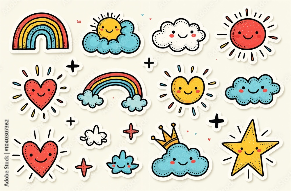 Set of hand-drawn children's weather stickers on a white background Set of hand-drawn children's weather stickers on a white background