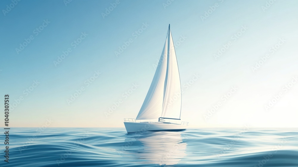 Obraz premium A sailboat moves gracefully across serene waters, surrounded by soft waves beneath a clear blue sky, creating a peaceful atmosphere. Generative AI