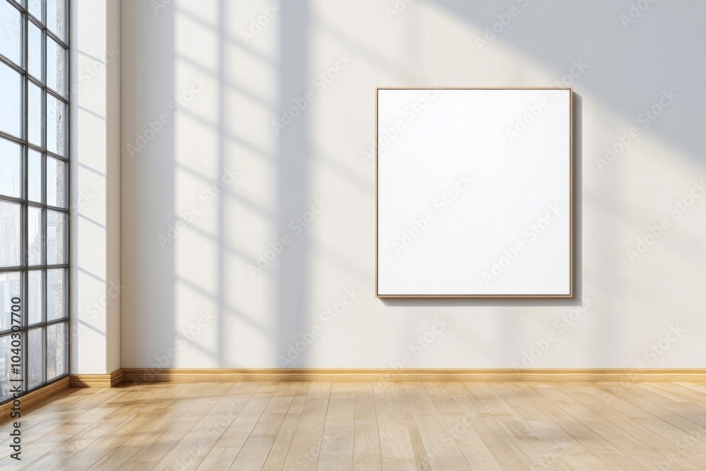 Minimalist loft living room with large window and blank painting mockup in soft daylight Minimalist loft living room with large window and blank painting mockup in soft daylight