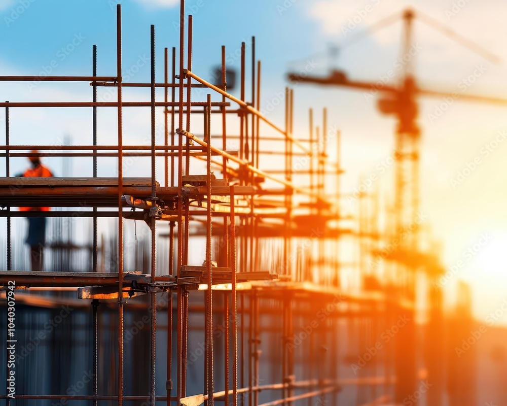 Scaffolding setup at a construction site, tools and equipment for safe construction work Scaffolding setup at a construction site, tools and equipment for safe construction work