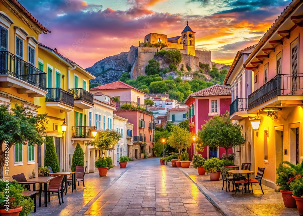 Naklejka premium Surreal Nafplion: Enchanted Streets of Greece with Colorful Houses, Ancient Churches, and the Majestic Castle