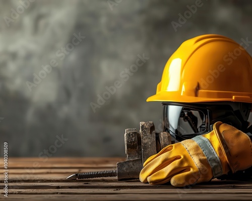 Safety helmet and gloves next to a jackhammer, construction equipment for heavyduty work photo