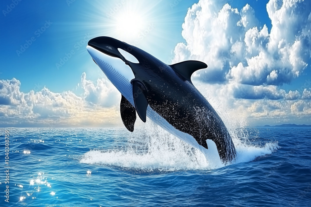 Fototapeta premium Orca Whale Breaching in Vibrant Ocean Setting