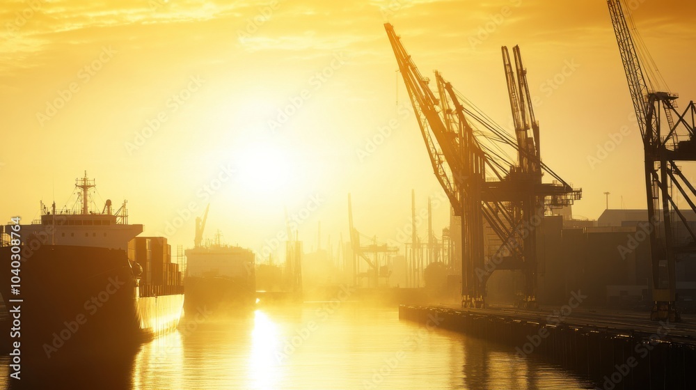 Obraz premium A contemporary port under the golden light of sunrise, cranes in action with ships docked along the quay, symbolizing the start of a busy day in global trade