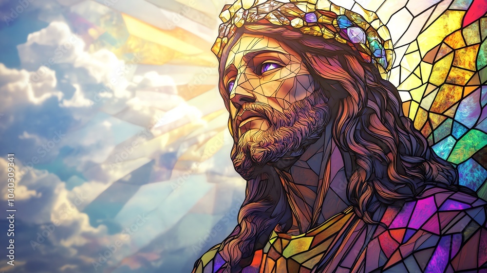 Obraz premium A religious and spiritual illustration of Jesus Christ the Lord in a mosaic, colorful, stained glass effcts, beams of light and clouds 