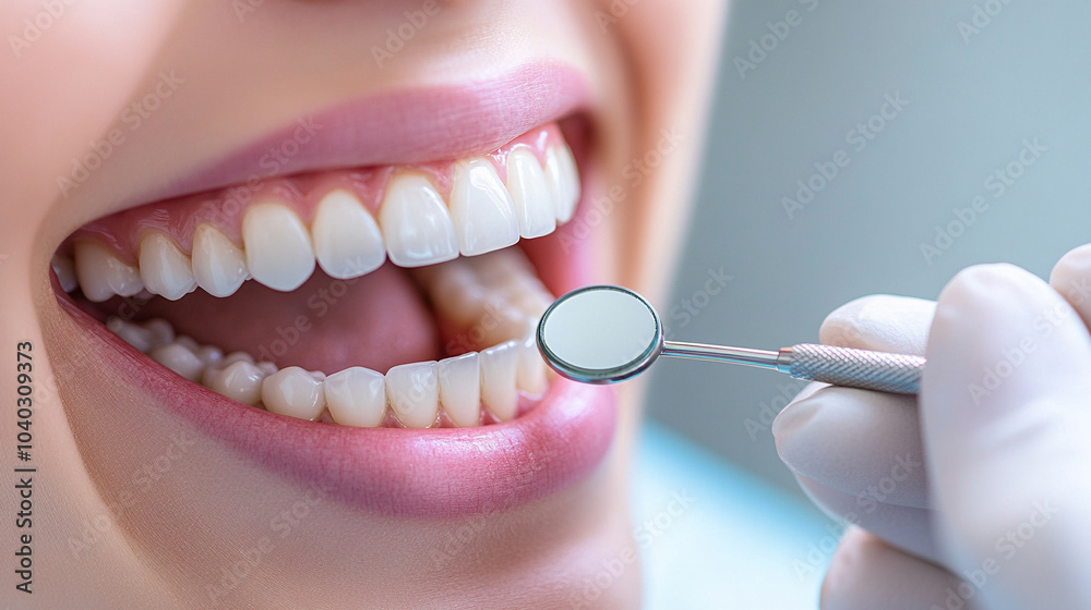 Fototapeta premium woman smiles confidently as a dentist cleans her teeth, showcasing the importance of dental hygiene and care. The scene reflects professionalism, health, and the beauty of a bright smile