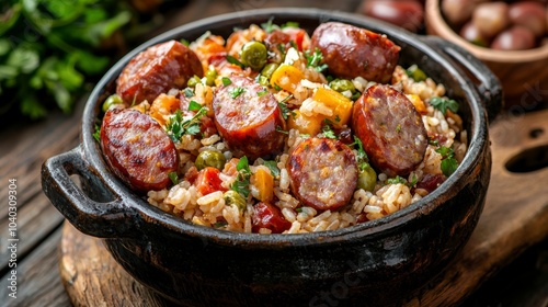 Delicious rice dish with smoked sausage, colorful vegetables, and herbs, served in a rustic bowl on a wooden surface.