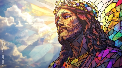 A religious and spiritual illustration of Jesus Christ the Lord in a mosaic, colorful, stained glass effcts, beams of light and clouds
