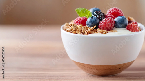 
Bol de granola avec yaourt, fruits rouges et miel sur une table en bois rustique photo