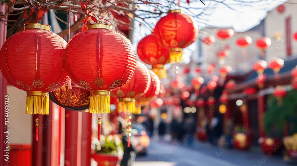 A vibrant street scene with red lanterns and decorations for Chinese New Year A vibrant street scene with red lanterns and decorations for Chinese New Year