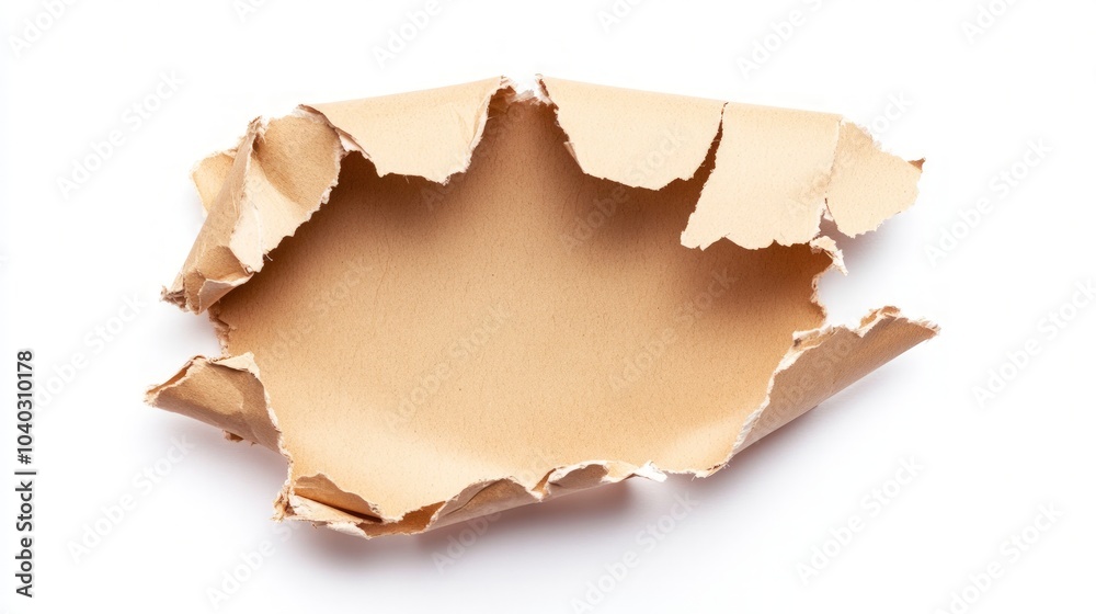 Torn Paper with Ragged Edges, a prominent tear revealing a textured surface, set against a clean white backdrop, showcasing the contrast between fragility and strength. Torn Paper with Ragged Edges, a prominent tear revealing a textured surface, set against a clean white backdrop, showcasing the contrast between fragility and strength.