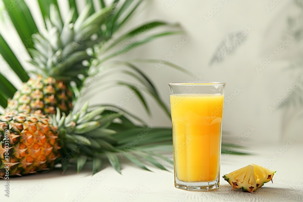 Fresh and luscious pineapples in up-close, alongside a fruit juice glass especially decor on a surface amid a backdrop of imprecise palm branches with promotion space, Generative AI. Fresh and luscious pineapples in up-close, alongside a fruit juice glass especially decor on a surface amid a backdrop of imprecise palm branches with promotion space, Generative AI.
