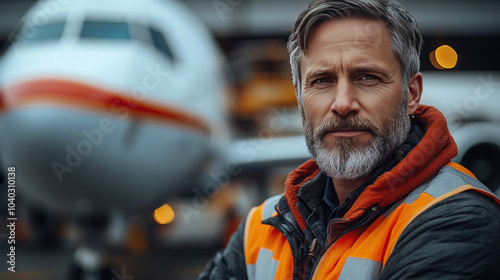 A middle-aged male airport worker wearing a safety vest stands with his arms crossed in front of an airplane in a hangar. photo