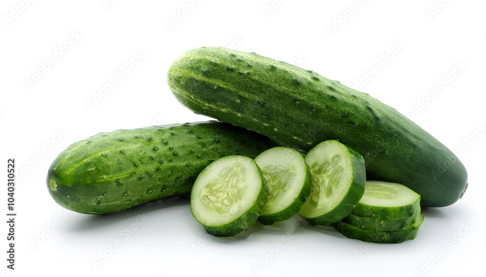 cucumber whole and sliced scattered around background concept isolated white cucumber whole and sliced scattered around background concept isolated white