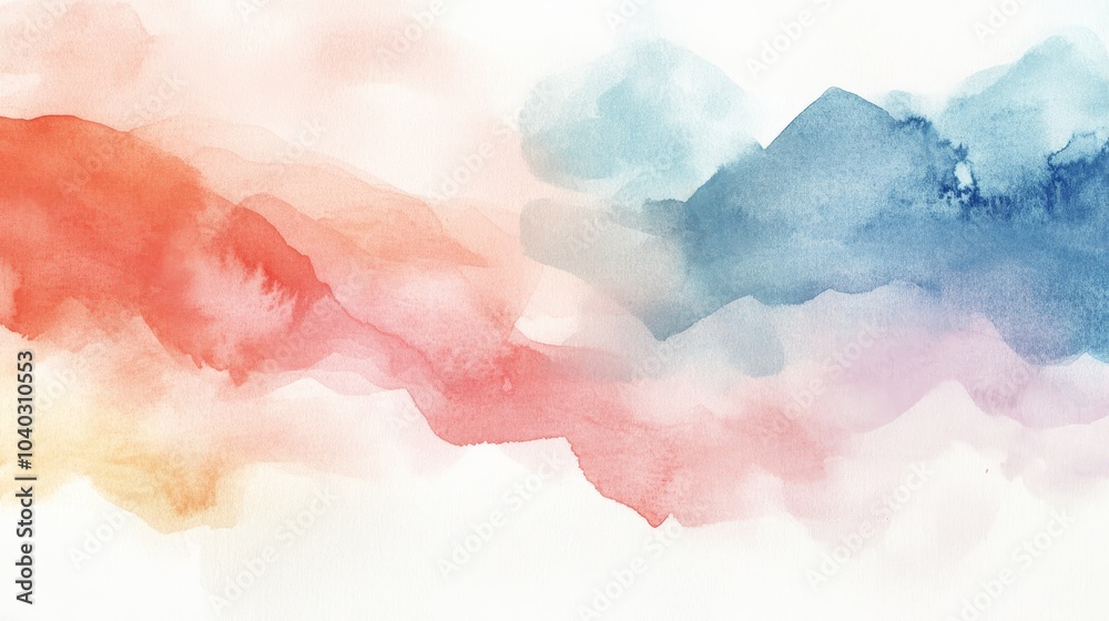 Soft watercolor painting of a dreamy mountain landscape with blending hues of red, blue, and pink, creating a serene and abstract scenic view Soft watercolor painting of a dreamy mountain landscape with blending hues of red, blue, and pink, creating a serene and abstract scenic view