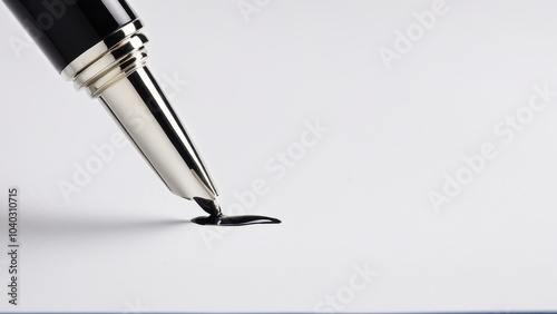 A fountain pen releases a drop of black ink onto a blank white sheet of paper, symbolizing creativity, ideas, and the start of writing.