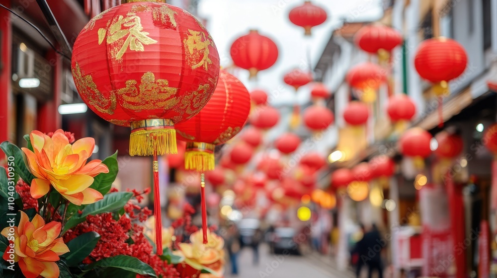 A vibrant street scene with red lanterns and decorations for Chinese New Year A vibrant street scene with red lanterns and decorations for Chinese New Year
