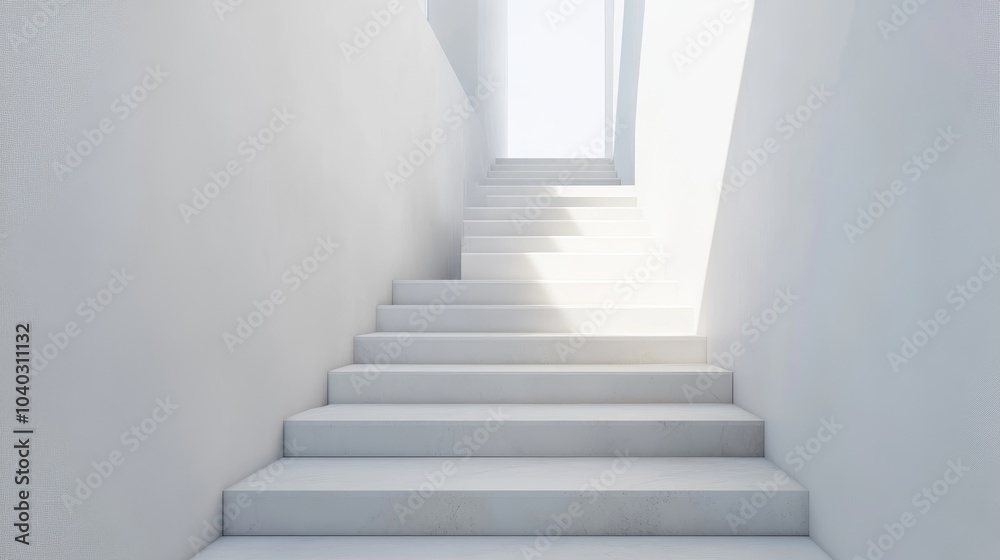 Fototapeta premium Clean white staircase leading upwards with dramatic shadows cast by bright sunlight, symbolizing progress, ascent, and minimalist architecture