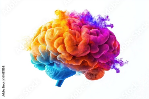 Illustration of a human brain, bursting with splashes of colorful paint in bright orange, blue, pink, and purple hues. Symbolizing creativity, imagination, and innovation.