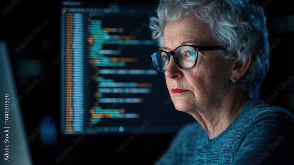 Elderly woman coding on a laptop in a modern workspace, Silver Gen aging technology, active participation in the tech industry Elderly woman coding on a laptop in a modern workspace, Silver Gen aging technology, active participation in the tech industry
