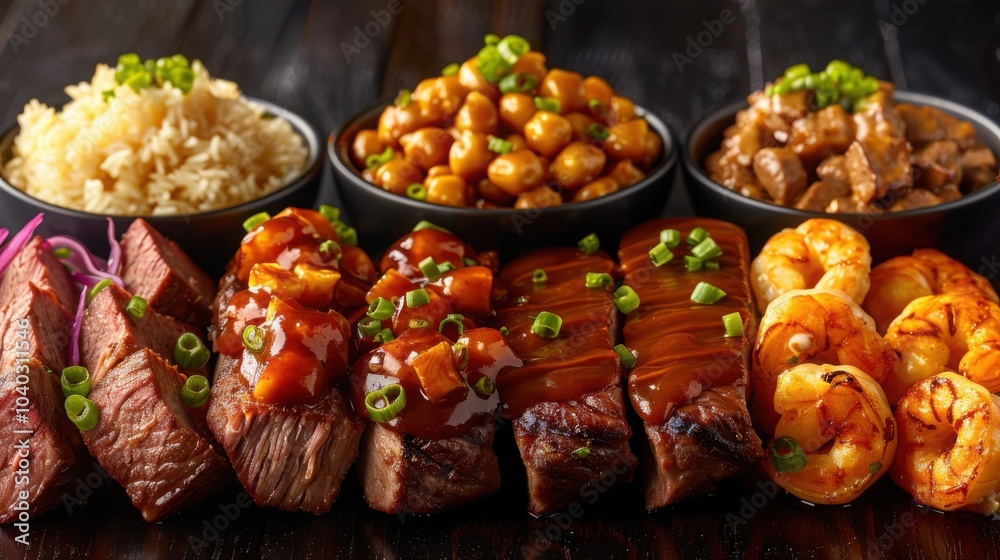Assorted grilled foods including steak shrimp rice chickpeas and stir fry arranged in bowls showcasing diverse flavors
Assorted grilled foods including steak shrimp rice chickpeas and stir fry arranged in bowls showcasing diverse flavors