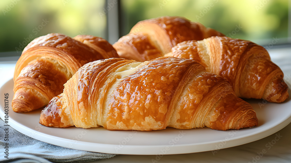 A photo of French croissants, with golden flaky layers and butter melting, served on a white plate, shot with a telephoto lens A photo of French croissants, with golden flaky layers and butter melting, served on a white plate, shot with a telephoto lens