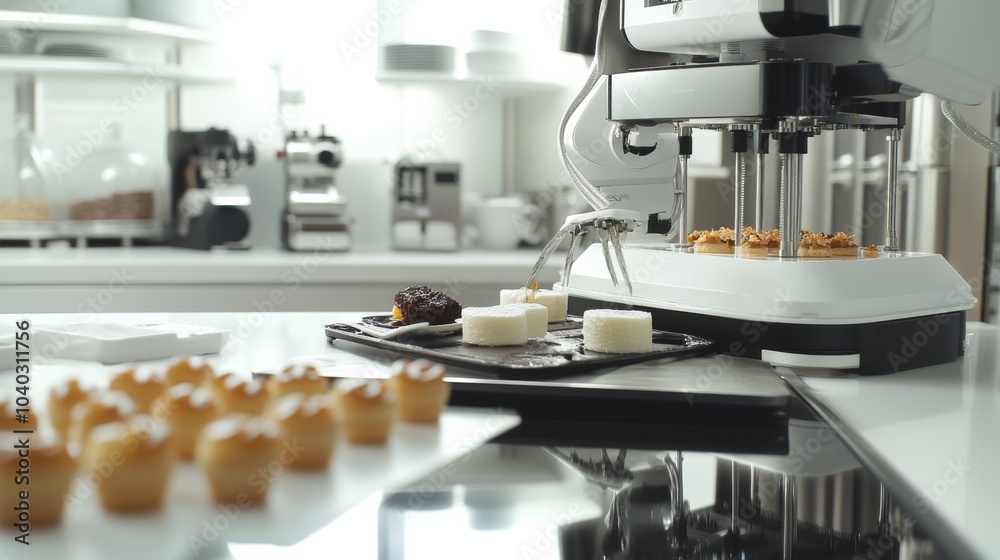 A robotic chef preparing intricate desserts in a modern kitchen laboratory, clean and stylish environment with a focus on culinary robotics, Gourmet style A robotic chef preparing intricate desserts in a modern kitchen laboratory, clean and stylish environment with a focus on culinary robotics, Gourmet style