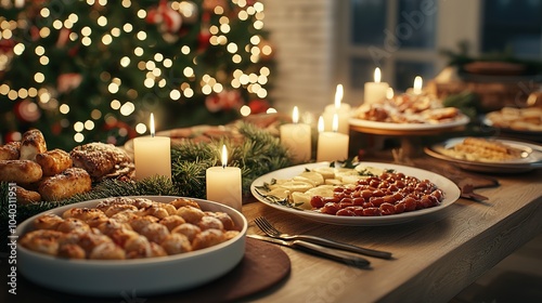 A beautifully arranged holiday feast featuring festive dishes, candles, and a decorated Christmas tree in the background.