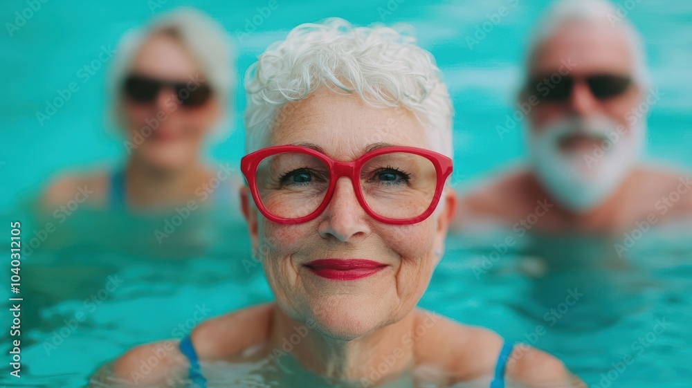 Naklejka premium Group of elderly friends swimming at a gym pool, Silver Gen aging fitness, health-conscious and physically fit seniors