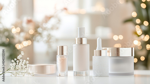 Luxurious skincare products arranged elegantly on table, showcasing variety of textures and forms. soft bokeh background adds serene and inviting atmosphere, perfect for beauty enthusiasts