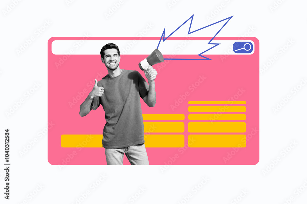 Composite photo collage of happy guy hold megaphone search tab webpage candidate hiring vacancy work isolated on painted background Composite photo collage of happy guy hold megaphone search tab webpage candidate hiring vacancy work isolated on painted background