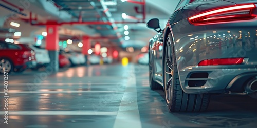 Luxurious car parked in a fancy showroom or supplier's place, automobile insurance and leasing motif positioned over blurred backdrop, Generative AI.