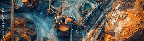 Aerial view of ore processing plant showcasing intricate machinery and mineral extraction processes. landscape features vibrant colors and textures, highlighting industrial activity