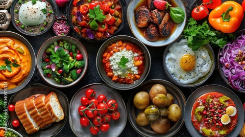 Assortment of traditional dishes including soups salads vegetables and breads displayed in bowls showcasing diverse cuisine