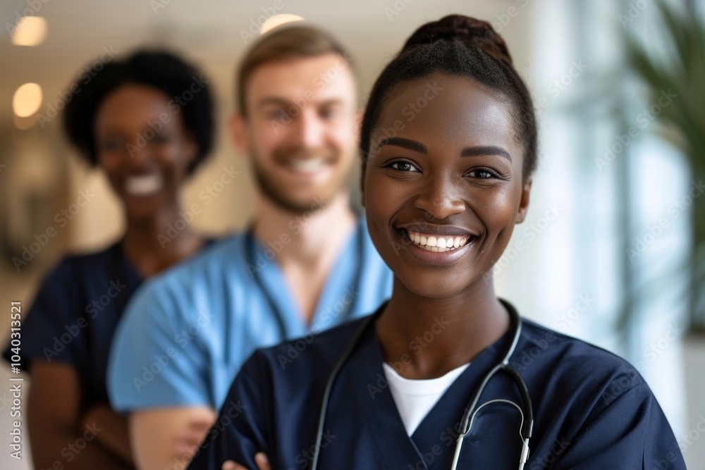 Fototapeta premium Three diversity team nurse cheerful adult.