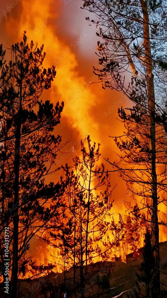 Forest fire with burning trees, smoke and flames, ecological disaster and destructive scene. Vertical. Forest fire with burning trees, smoke and flames, ecological disaster and destructive scene. Vertical.