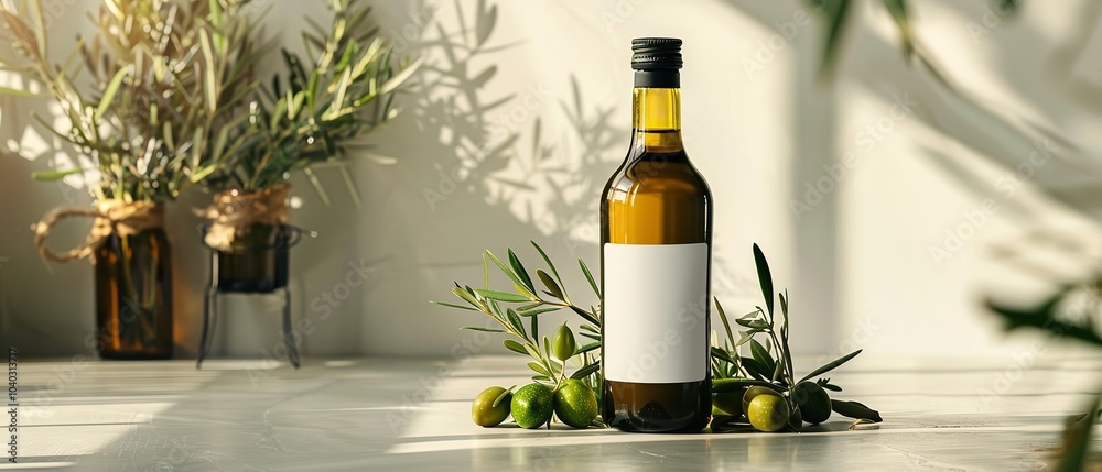 A blank mock-up of an olive oil bottle with an olive branch on it, lovely setting with a tranquil background with flowers, Generative AI. A blank mock-up of an olive oil bottle with an olive branch on it, lovely setting with a tranquil background with flowers, Generative AI.