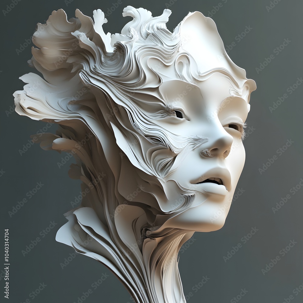 A sculptural representation of a face merging with organic forms. A sculptural representation of a face merging with organic forms.