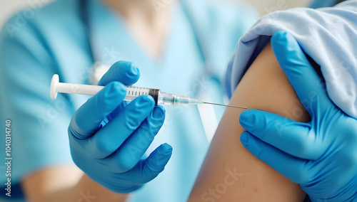 a women doctor gives an injection to patients,Close-up of Patient Receiving Vaccine Injection