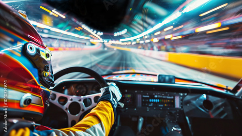 Point of view shot inside with a stock car driver racing down the speedway of a professional motor sports race photo