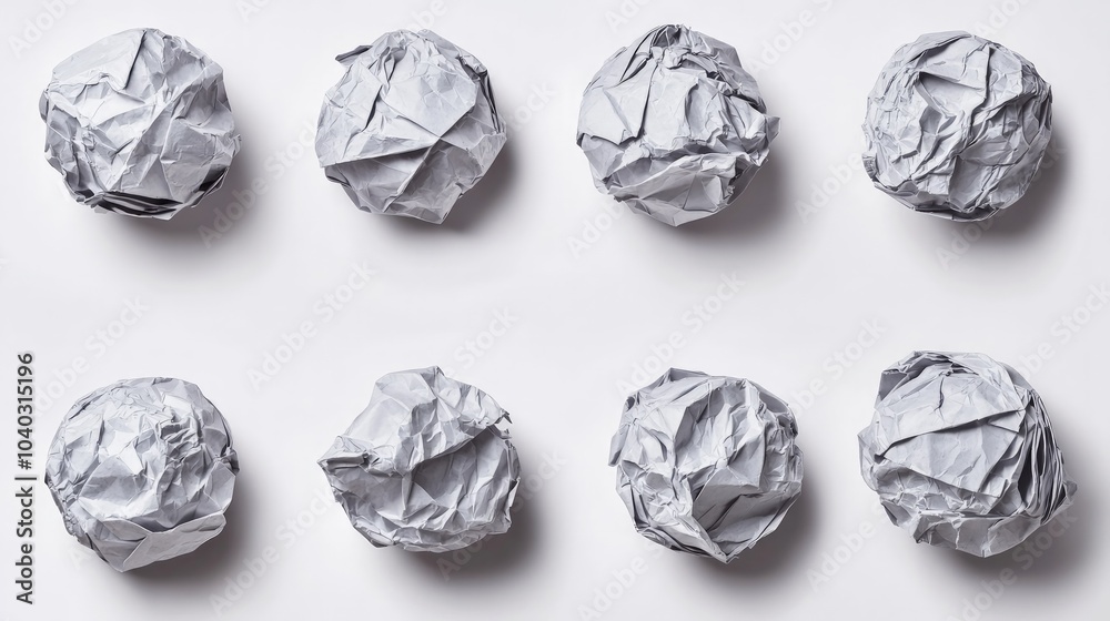 Crumpled Paper Balls Collection, a group of assorted white paper balls in varied sizes and textures, showcasing their unique creases and folds, perfect for creative projects. Crumpled Paper Balls Collection, a group of assorted white paper balls in varied sizes and textures, showcasing their unique creases and folds, perfect for creative projects.