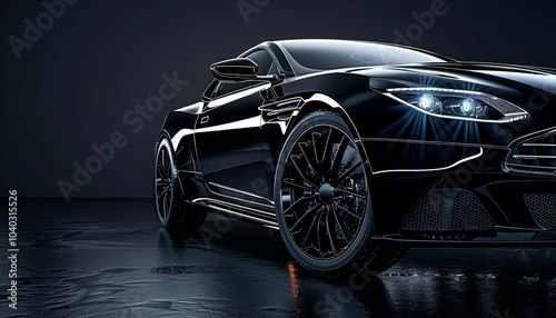 Beneath fluorescent lighting, an elegant racing car is parked in a sombre, darkly lighted subterranean garage reflected on a damp ground, Generative AI.