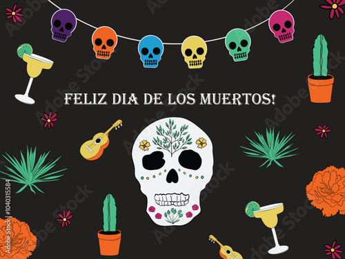 Dia de los muertos Postcard Day of the dead Mexican holiday Vector illustration in hand drawn style Autumn Fall Party greeting cards graphics