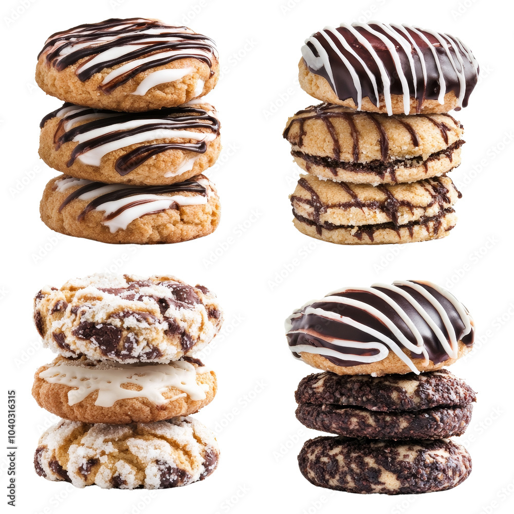 Assorted Delicious Cookies with Chocolate and Vanilla Icing Isolated on White Background, cookies, dessert, sweet, bakery,